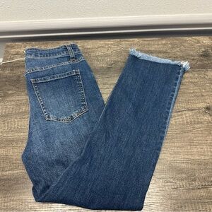 Harper Frayed Hem High Rise Straight Classic Blue Denim Jeans (1052)